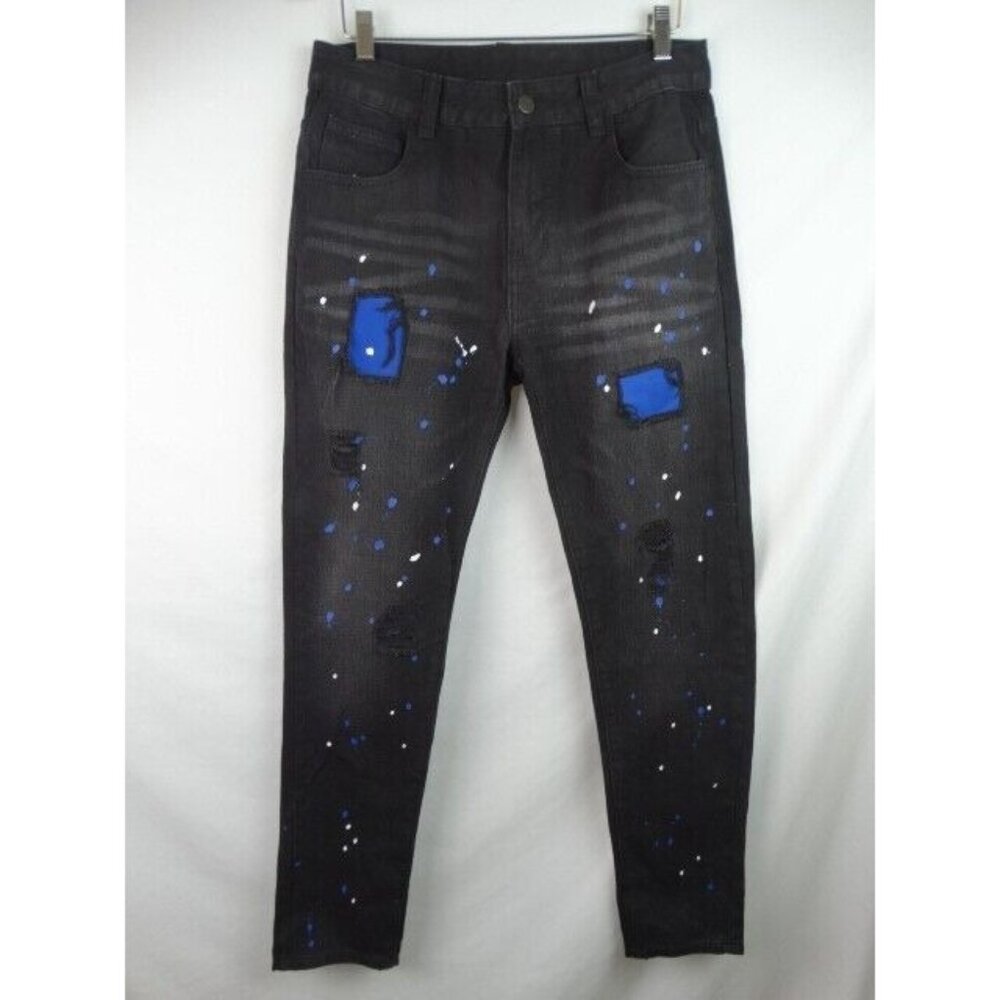 Romwe Men's Jeans Size 30 x 31 Black Distressed Paint Splatter Trashed Denim